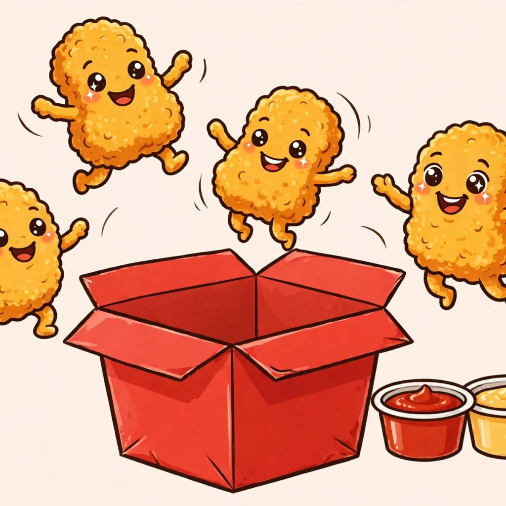 Nugget puns illustration featuring golden cartoon chicken nuggets with happy faces jumping out of a red snack box beside dipping sauce cups.