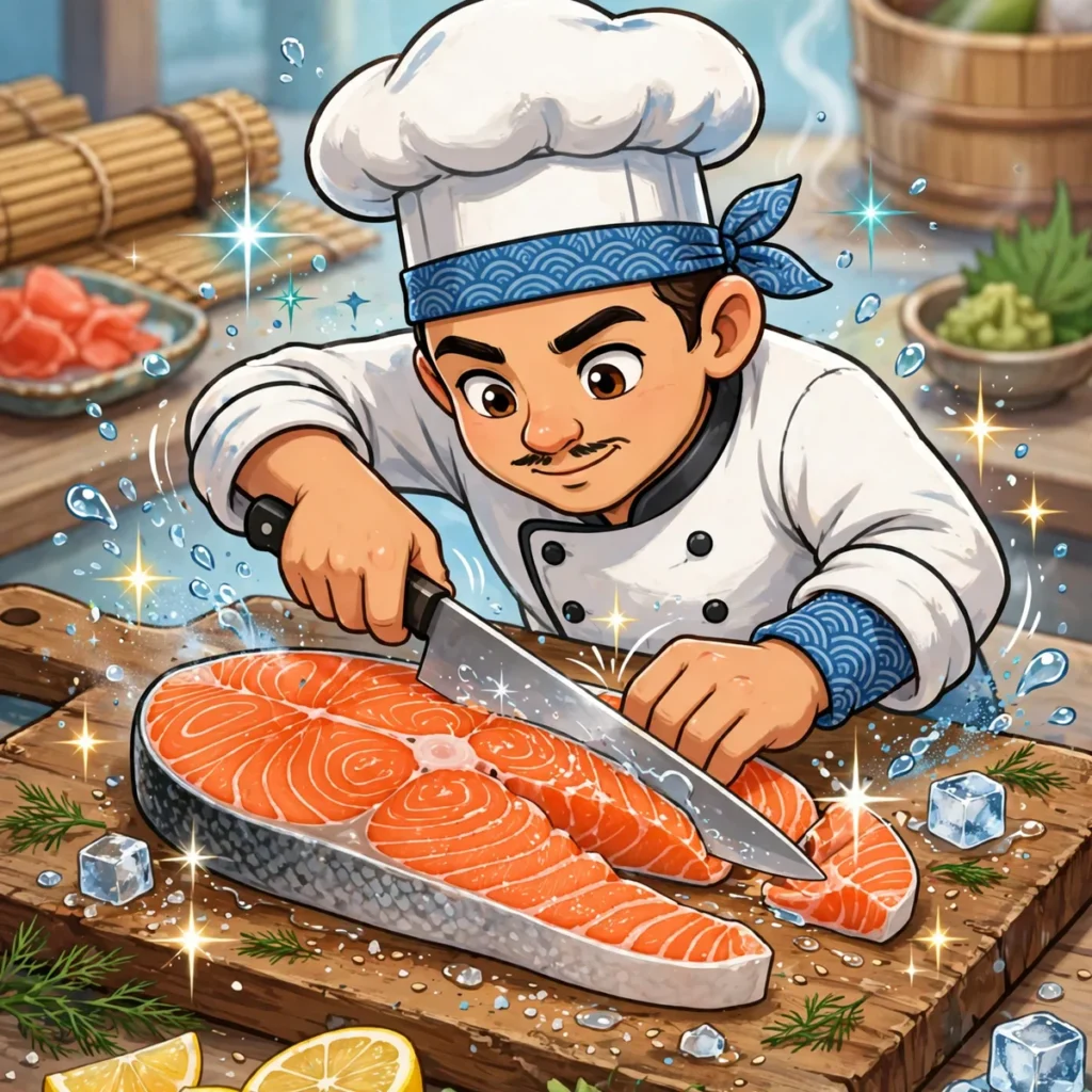 Sashimi puns illustration featuring a skilled cartoon chef carefully slicing a fresh salmon fillet for sashimi.