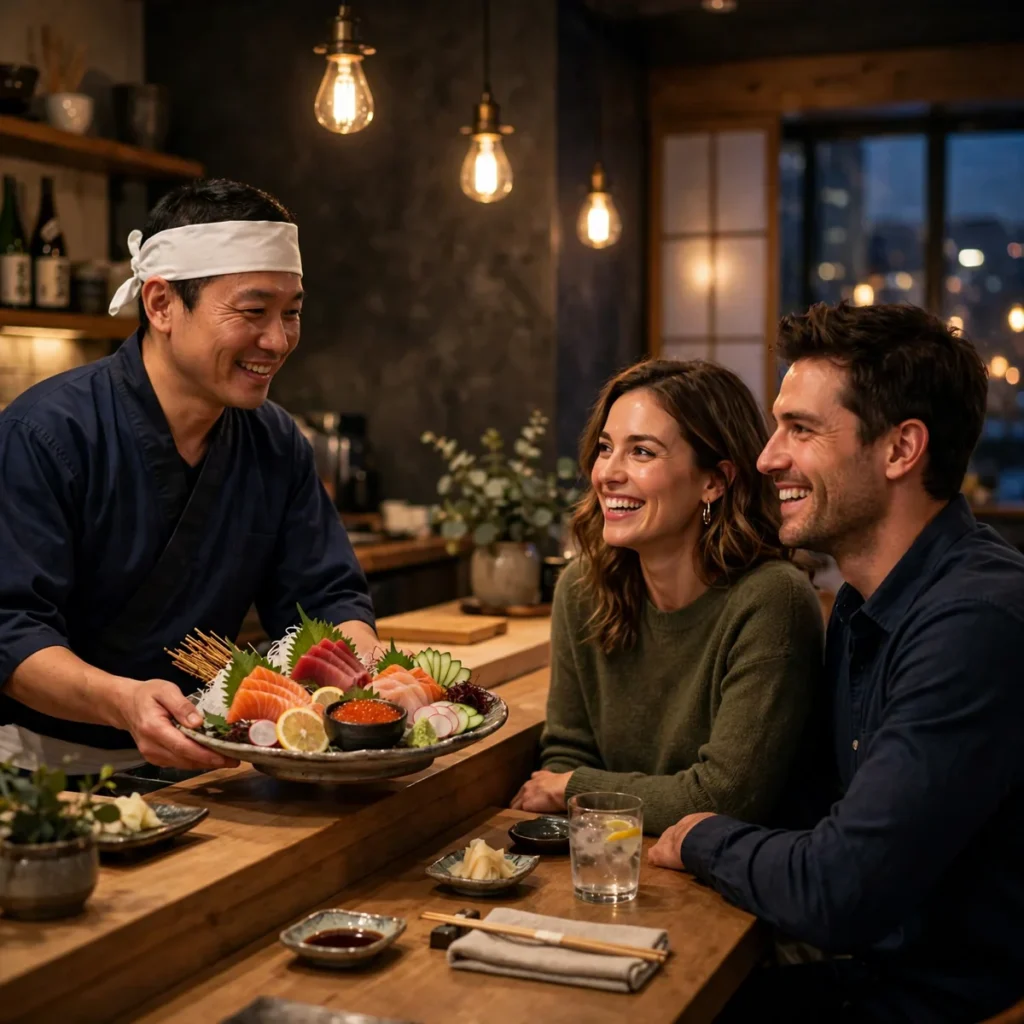 Sashimi puns photo of a couple laughing while enjoying fresh sashimi together at a sushi counter.