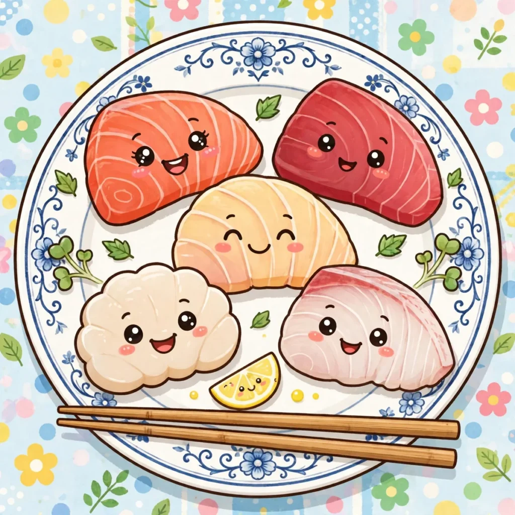 Sashimi puns illustration featuring cute cartoon sashimi slices with happy faces arranged on a wooden board.