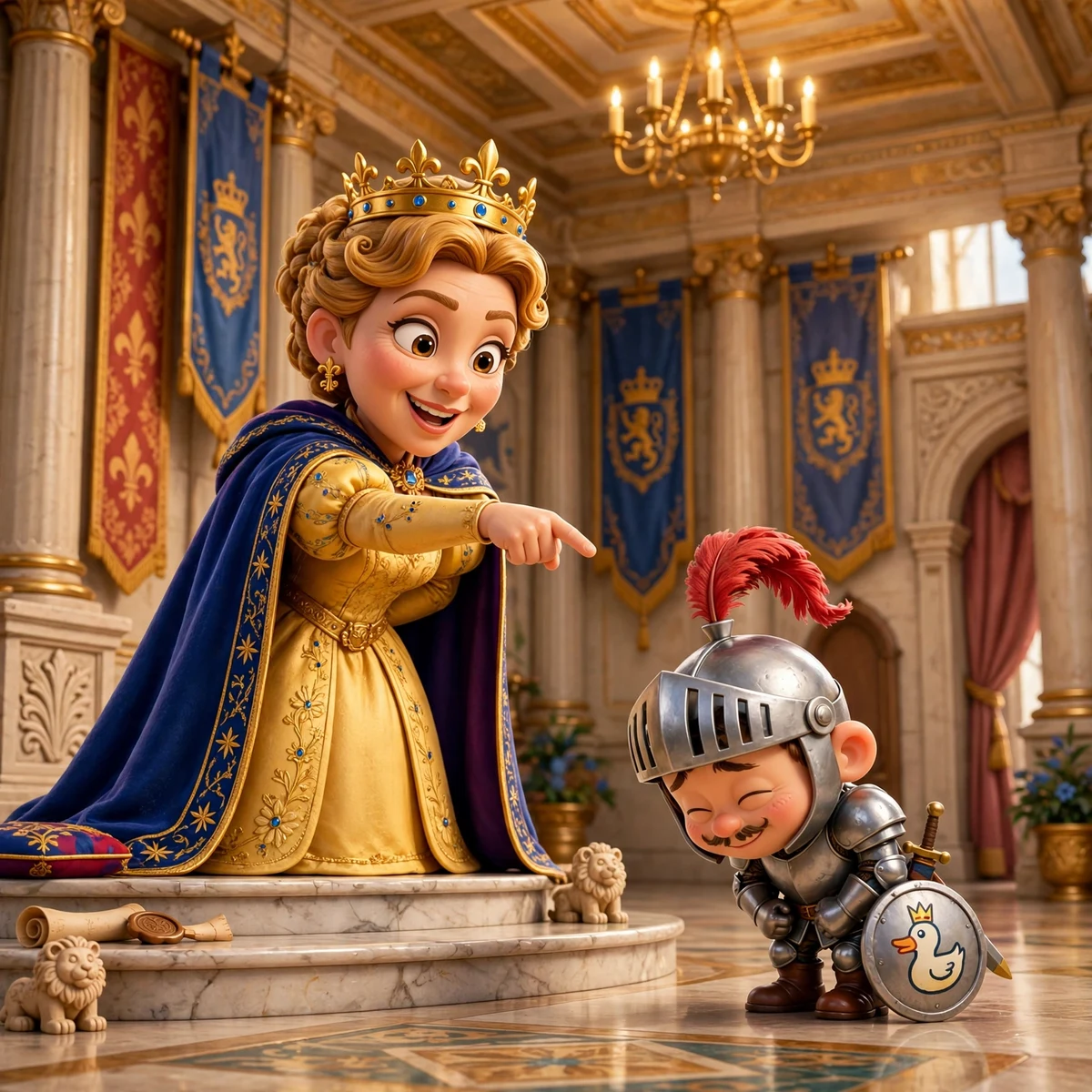 3D cartoon queen commanding a tiny bowing knight in a royal hall