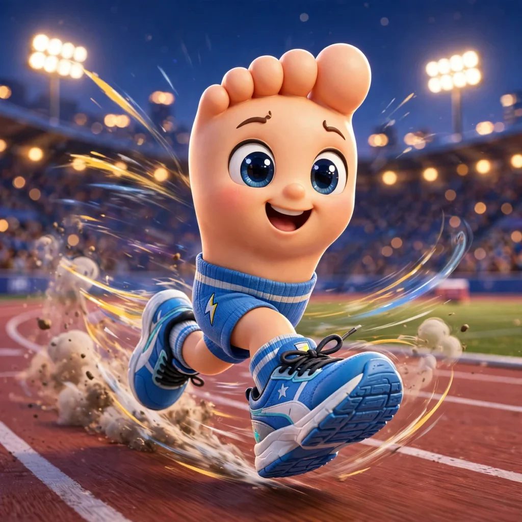 Cartoon ankle character sprinting on a running track in sporty sneakers