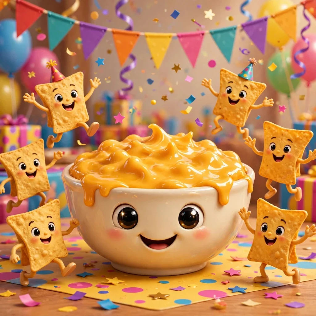 Cute cartoon queso bowl character with happy tortilla chip friends at a kids party