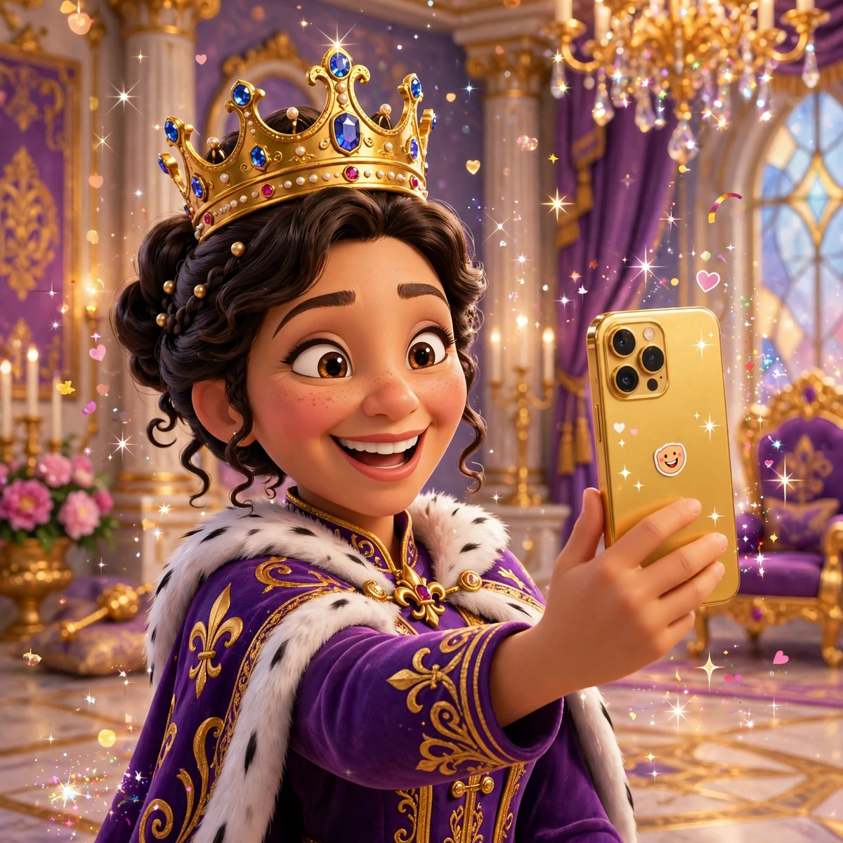 3D cartoon queen taking a royal selfie with a golden smartphone