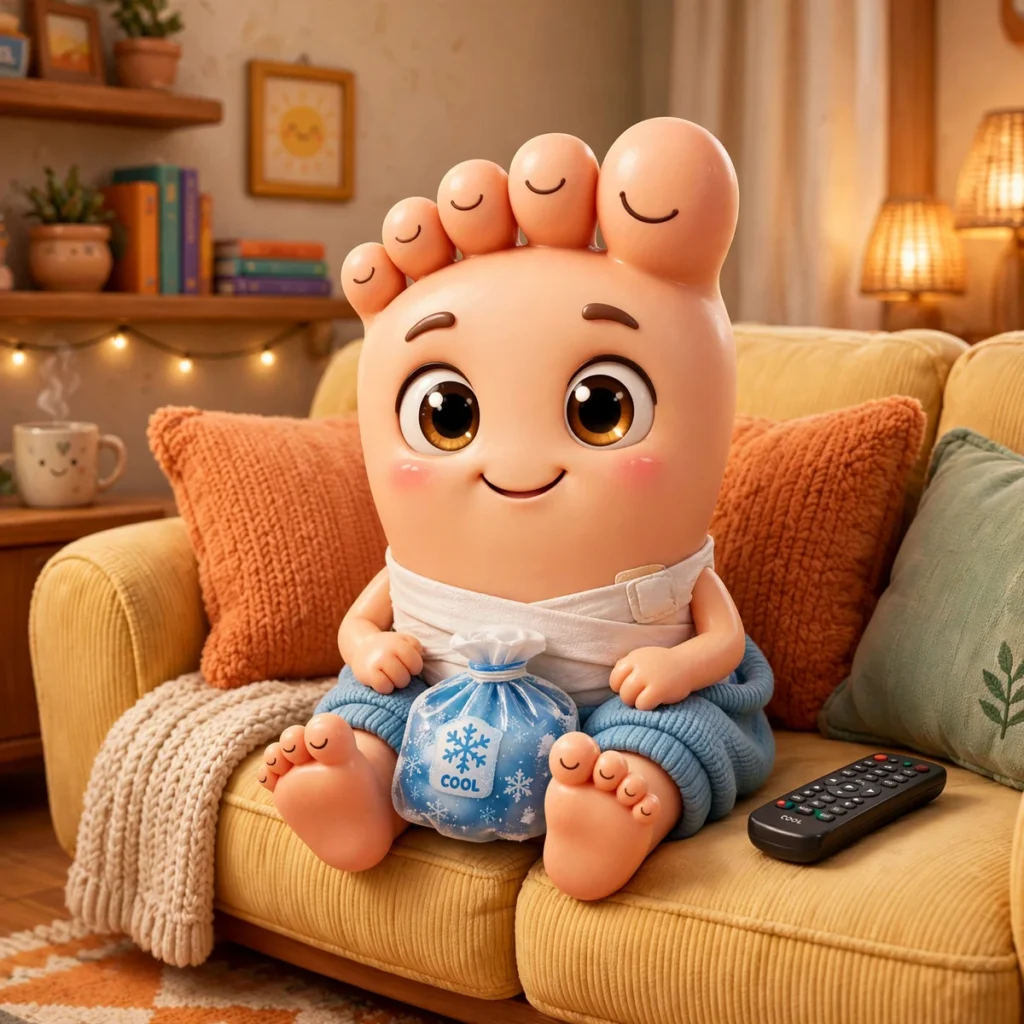 Cute cartoon ankle character resting on a couch with an ice pack and bandage