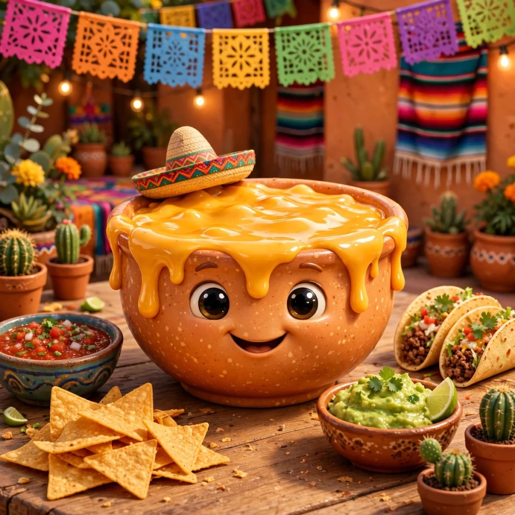 Cute cartoon queso bowl character wearing a tiny sombrero with nachos and tacos at a Tex-Mex fiesta