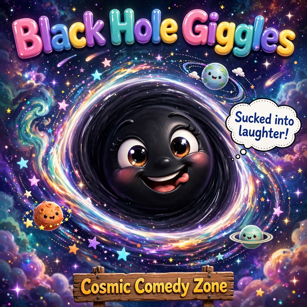 Black hole swirling with stars, vibrant cosmic colors