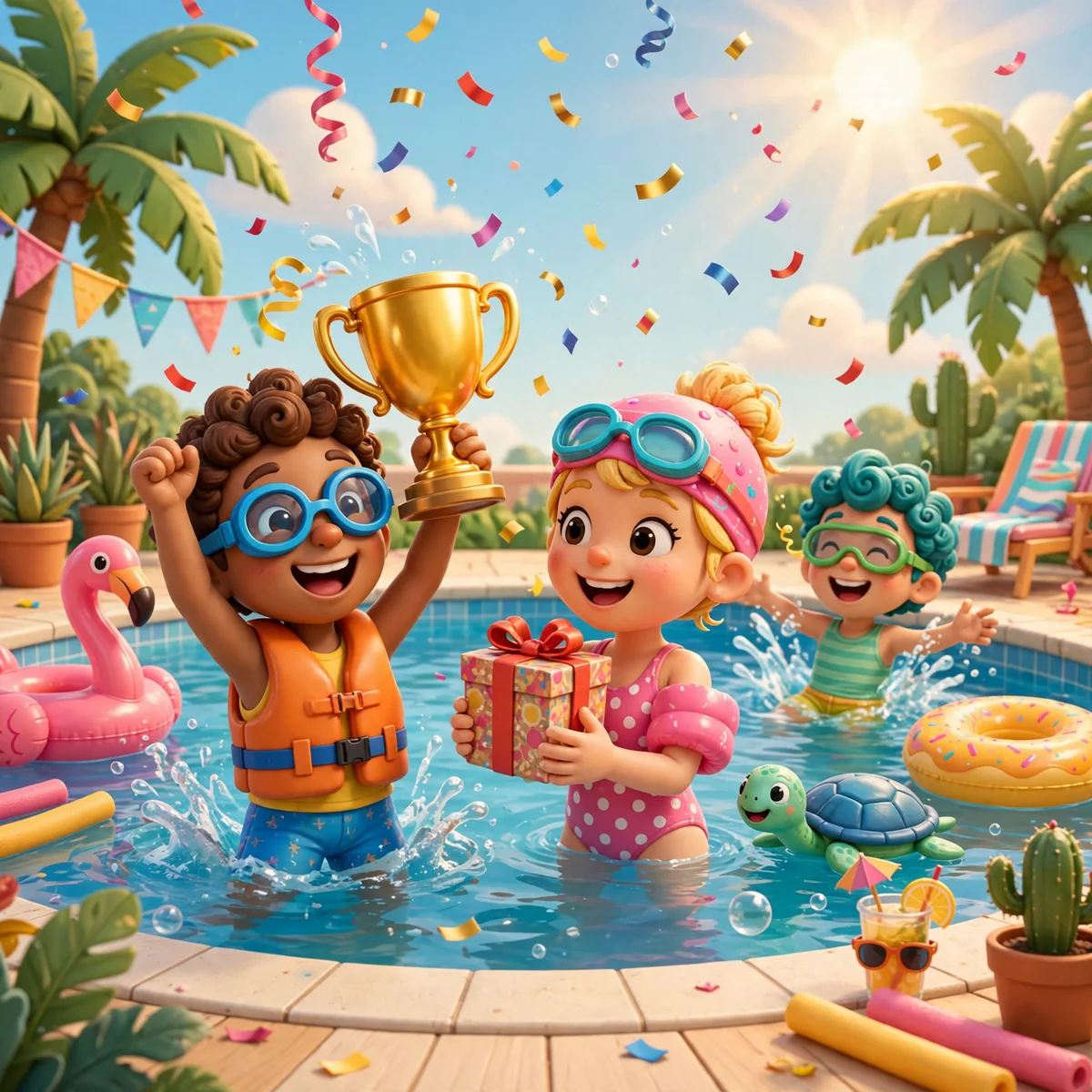 Swimming puns illustration featuring a fun cartoon pool party with floats, friends, and a golden trophy.