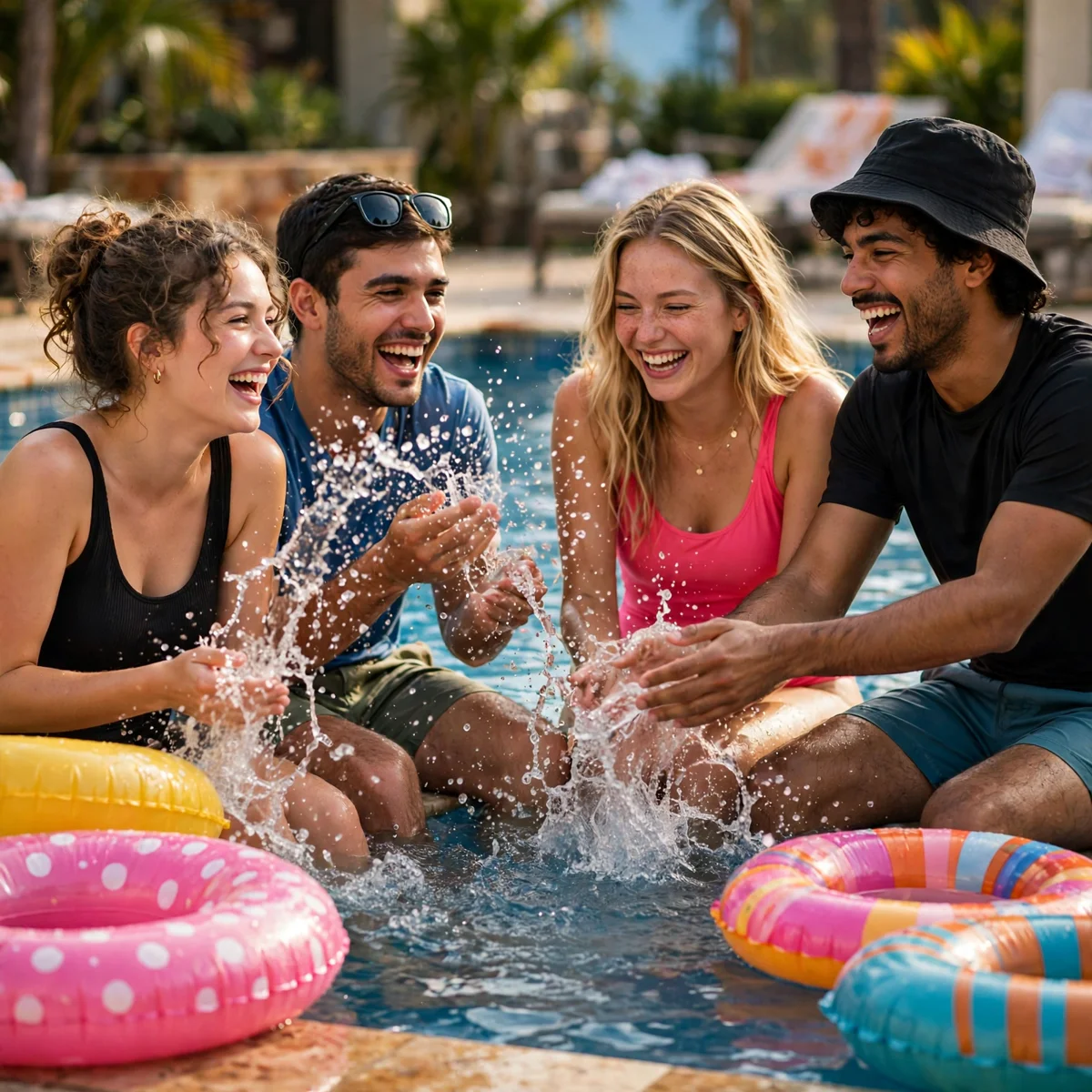 Swimming puns photo of friends laughing and splashing together in a sunny swimming pool.