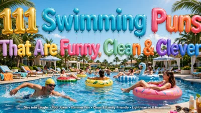 Swimming puns poster featuring happy swimmers enjoying a bright outdoor pool with clear blue water, lane lines, and sunny skies.