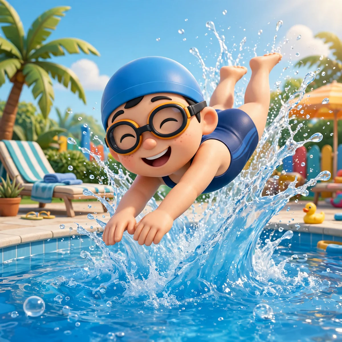 Swimming puns illustration featuring a cheerful cartoon diver jumping into a sparkling blue pool.